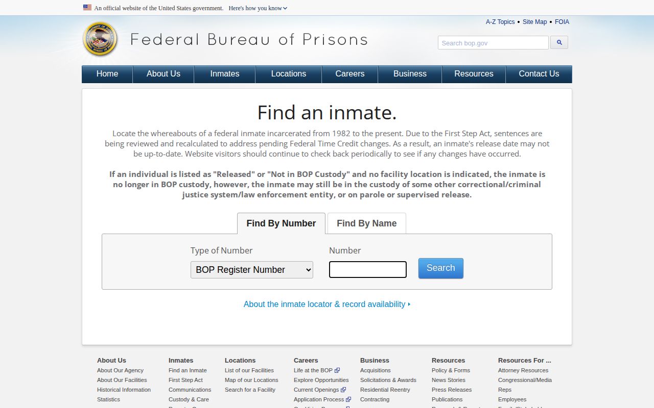 Federal Bureau of Prisons inmate locator for released federal records